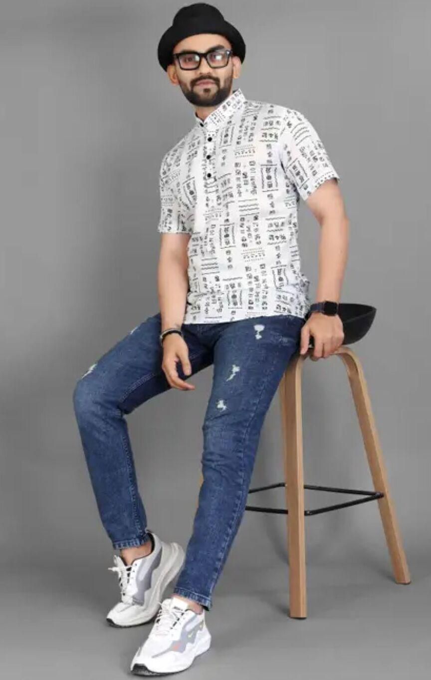 Men's Printed Half Sleeves Shirt White