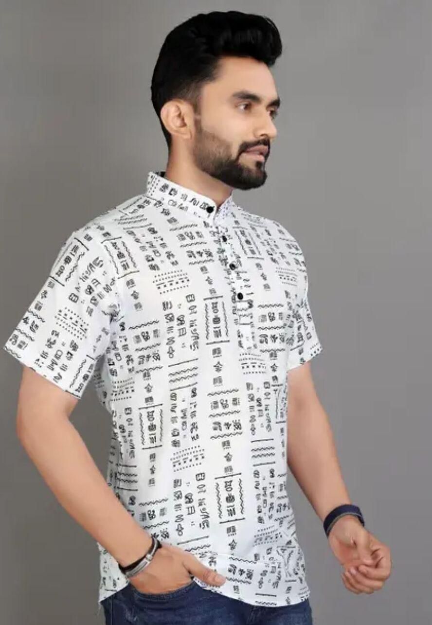 Men's Printed Half Sleeves Shirt White
